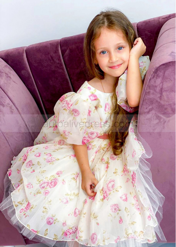 Puff Sleeve Printed Organza Tea Length Flower Girl Dress